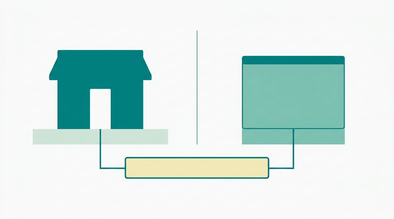 Flat vector diagram in landscape 16:9 split into two halves by a thin #008282 vertical center line. Left half shows a minimal storefront shape in #008282 with a single door cutout. Right half shows a simplified browser/screen rectangle in #78C2B2. Both sides connected at the bottom to a single mattress rectangle drawn with 6:1 ratio, filled in #F2E8B8 with #008282 outline. Background #F9F9F9. Two-color zoning: left side has a #CCE3D4 floor rectangle indicating presence/comfort zone, right side has a #78C2B2 highlight indicating reach/convenience. No text, no labels, generous whitespace.