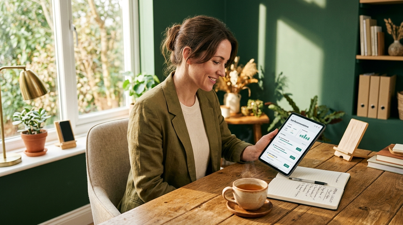 A project manager at a sunlit desk reviewing a tablet showing task recommendations beside a handwritten approval checklist and a cup of tea