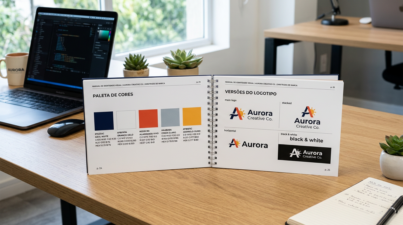 Fotografia de um manual de identidade visual impresso e encadernado profissionalmente, aberto numa página com paleta de cores e versões do logotipo, sobre uma mesa de trabalho moderna