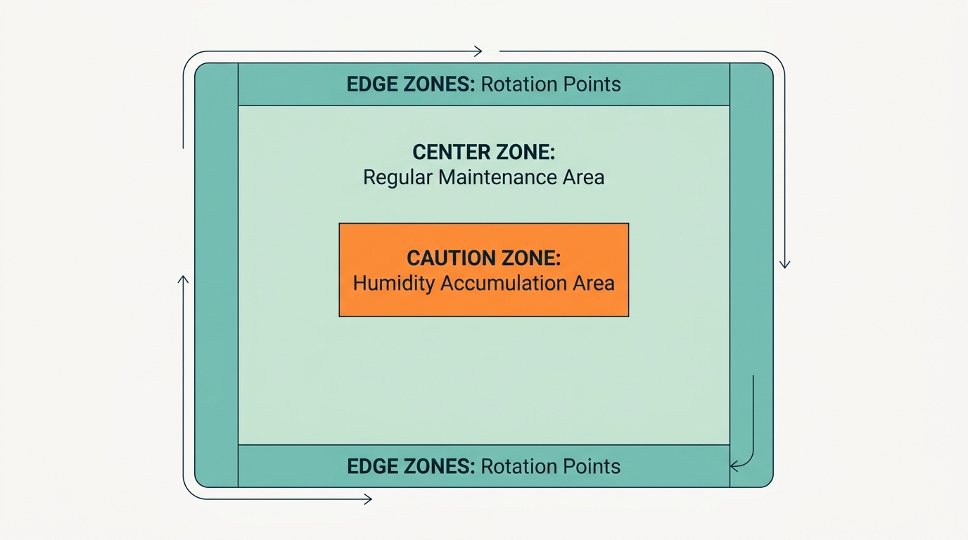 Flat vector diagram showing a top-down view of a mattress with cleaning zones highlighted: center zone in #CCE3D4 showing regular maintenance area, edge zones in #78C2B2 showing rotation points, and a caution zone in #FF8A30 indicating humidity accumulation area near the center, on #F9F9F9 background, 16:9 landscape