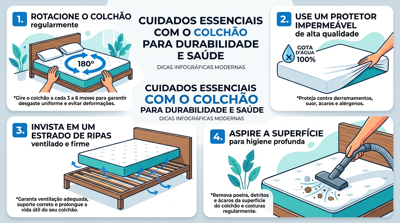 Imagem dividida em quatro painéis mostrando cuidados essenciais com o colchão: rotação do colchão, protetor impermeável aplicado, estrado de ripas, e aspiração da superfície — estilo infográfico clean e moderno