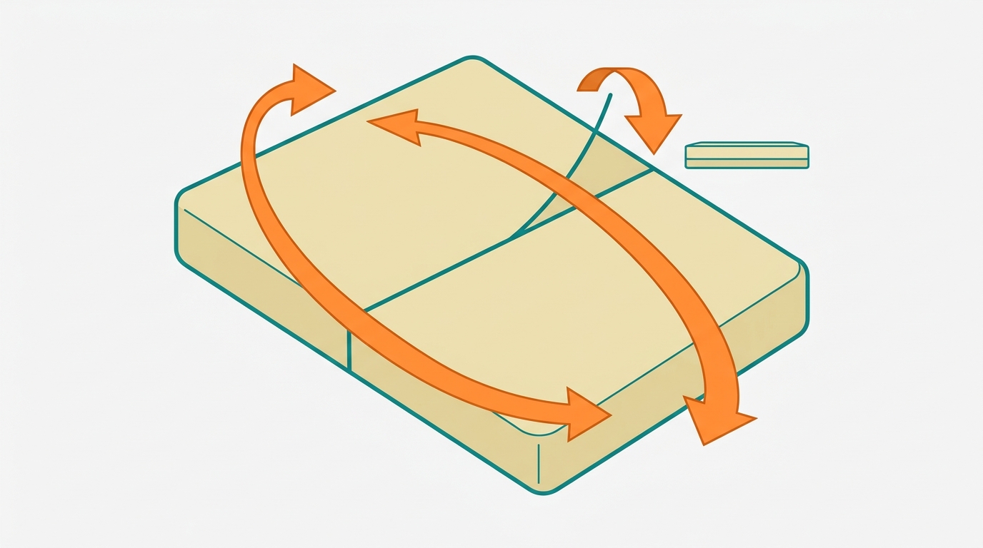 Diagrama editorial em vista superior mostrando um colchão retangular com setas curvas a indicar a rotação de 180 graus (cabeça para os pés). Uma segunda seta indica viragem de cima para baixo num colchão reversível. Setas em #FF8A30, colchão representado com bordas em #008282 e fill em #F2E8B8. Fundo #F9F9F9, composição 16:9, sem texto.