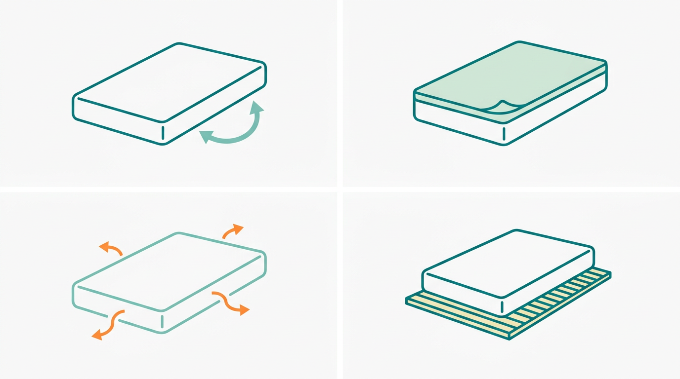 Flat vector diagram in landscape 16:9 format. Four simple icons arranged in a 2x2 grid on off-white #F9F9F9 background. Top-left: a mattress rectangle in #008282 outline with a curved rotation arrow in #78C2B2 indicating flipping/rotation. Top-right: a mattress rectangle in #008282 outline with a protective cover layer on top in #CCE3D4. Bottom-left: a mattress rectangle in #78C2B2 outline with small air circulation arrows in #FF8A30 flowing around it indicating ventilation. Bottom-right: a mattress rectangle on a slatted bed base, slats shown as thin parallel lines in #008282, with space between them in #F2E8B8 indicating airflow. Generous whitespace between all four panels. No text, no gradients, no shadows, no decorative elements.