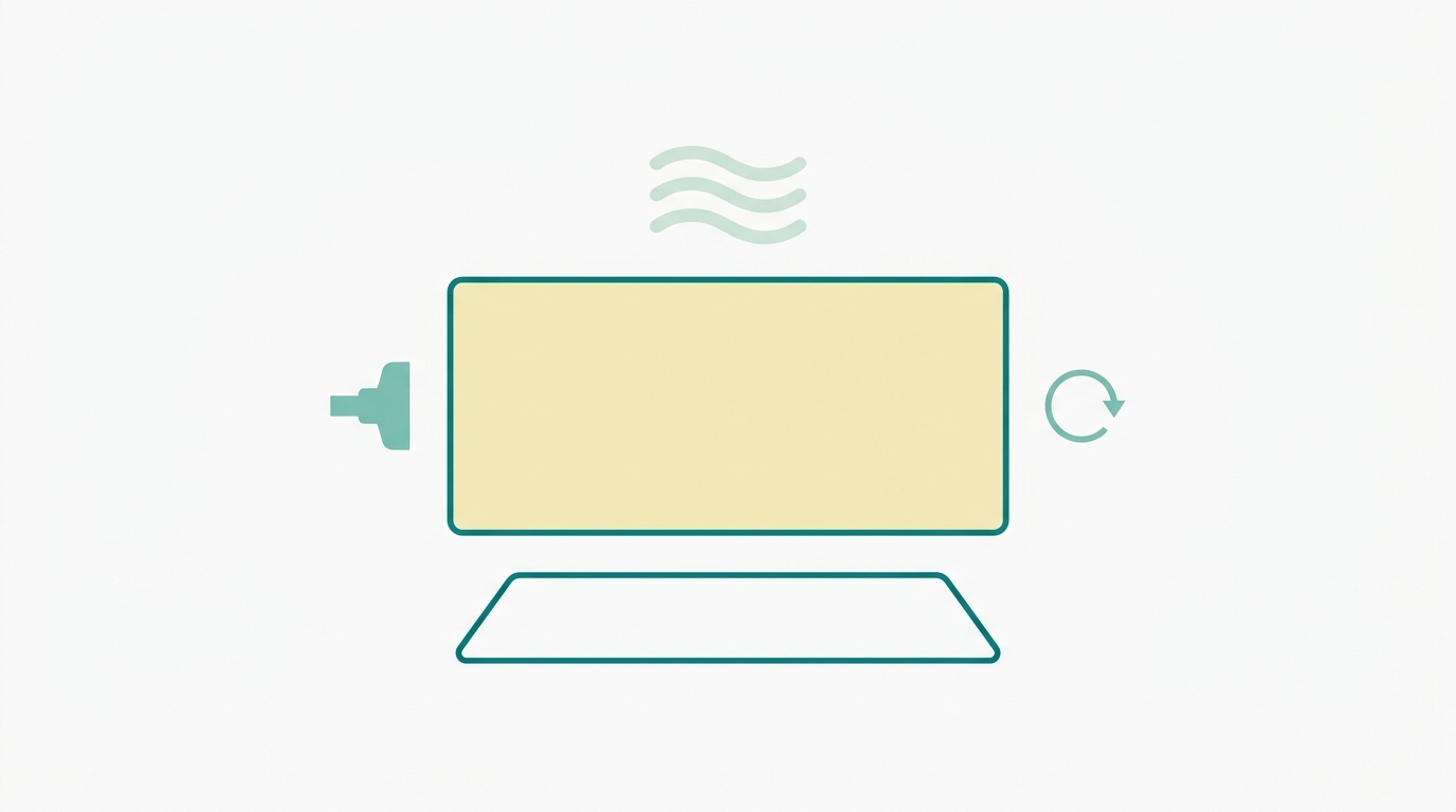 Flat vector top-view diagram of a mattress rectangle (6:1 ratio, outlined in #008282, filled in #F2E8B8) with four symbolic action zones around it: a small vacuum nozzle shape in #78C2B2 on the left side, a wavy air flow symbol in #CCE3D4 above, a simple protective layer sheet shape in #008282 below, and a small circular rotation arrow in #78C2B2 on the right. Background #F9F9F9. No text, no figures, purely diagrammatic. Clean editorial style, generous whitespace.