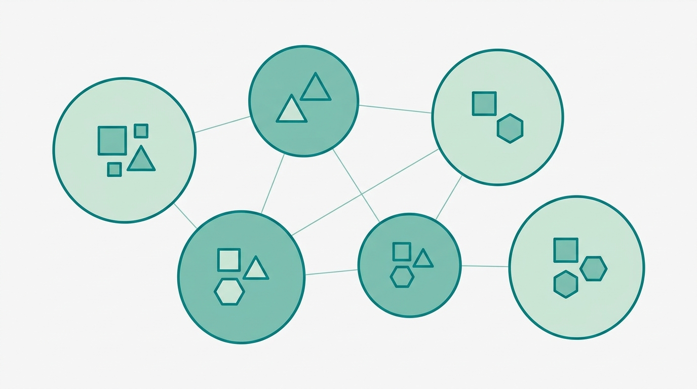 Diagrama de bolhas em layout plano, fundo #F9F9F9, mostrando 6 círculos de diferentes tamanhos dispostos em composição equilibrada. Cada círculo representa uma certificação (OEKO-TEX, GOTS, CertiPUR, GOLS, Eurolatex, EU Ecolabel). Círculos preenchidos alternadamente em #CCE3D4 e #78C2B2 com contornos em #008282. Linhas finas em #78C2B2 ligam círculos relacionados. Sem texto, ícones geométricos abstratos (quadrado, triângulo, hexágono) dentro de cada círculo para distingui-los visualmente. Amplo espaço branco à volta