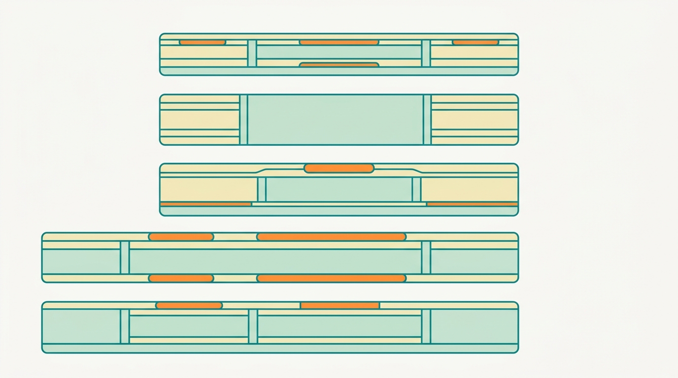Ilustração vetorial plana mostrando sete retângulos horizontais alinhados verticalmente, cada um representando um colchão de uma marca diferente. As camadas internas são visíveis em corte transversal, usando as cores da paleta: teal (#008282) para os contornos, creme (#F2E8B8) para as camadas de espuma, menta (#CCE3D4) para zonas de suporte, e laranja (#FF8A30) para destacar zonas de pressão. Fundo off-white (#F9F9F9), composição horizontal 16:9, sem texto nem logótipos.