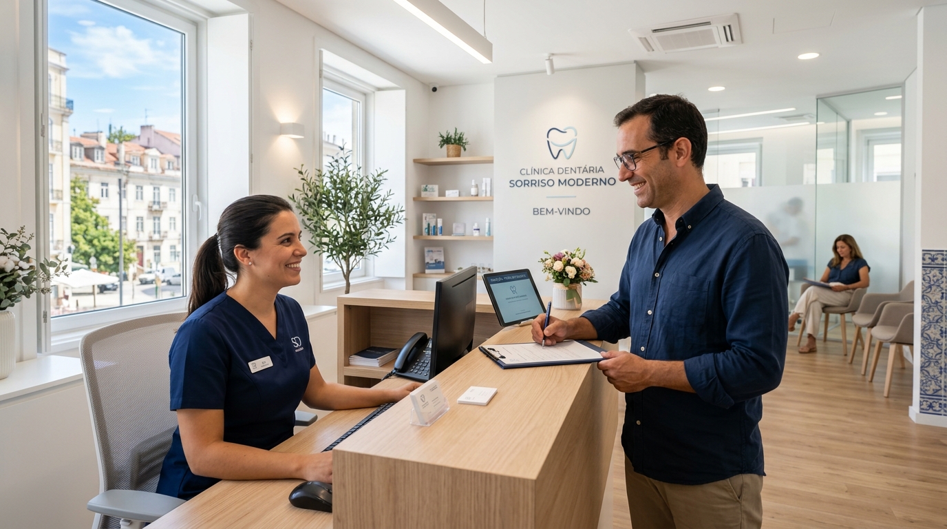 Fotografia de uma clínica dentária moderna e luminosa em Portugal, com rececionista a atender paciente adulto sorridente, ambiente profissional e acolhedor