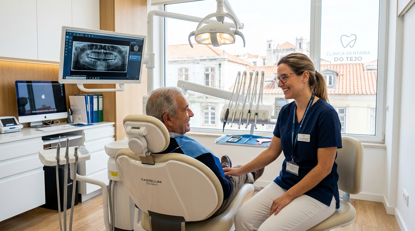 Fotografia de um consultório dentário moderno em Portugal, com equipamentos de última geração e uma médica dentista a sorrir para um paciente sentado na cadeira, transmitindo confiança e profissionalismo