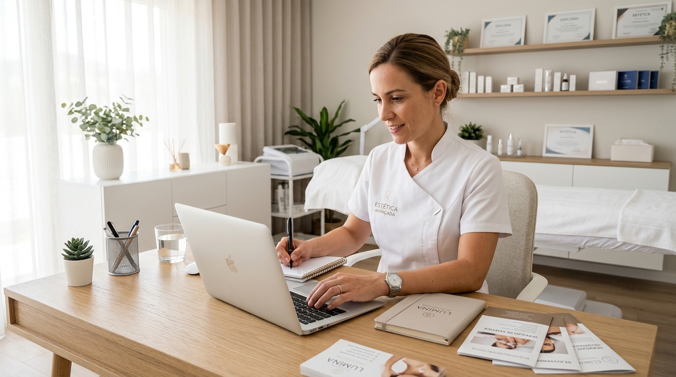Fotografia de uma profissional de saúde estética a escrever num laptop num ambiente clínico moderno, com cadernos e materiais de marketing visíveis na secretária