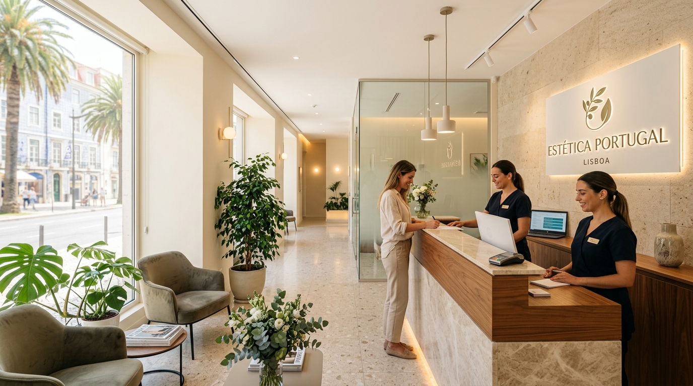 Fotografia de uma clínica de estética moderna em Portugal, bem iluminada e sofisticada, com receção organizada e ambiente profissional, transmitindo confiança e bem-estar