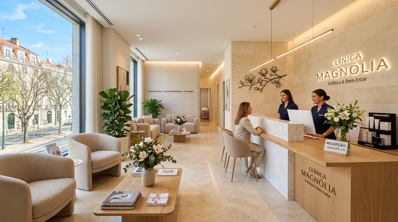 Fotografia de uma clínica de estética moderna e luminosa em Portugal, com recepção elegante, iluminação suave e ambiente profissional que transmite confiança e sofisticação