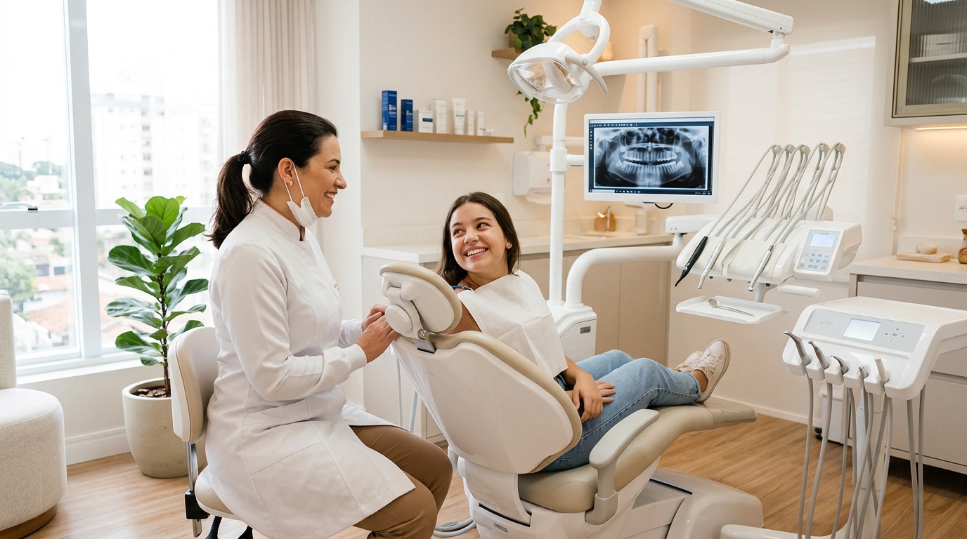 Consultório dentário moderno e iluminado com tom claro e sofisticado, onde uma dentista sorridente conversa com uma paciente jovem sentada na cadeira, com equipamentos modernos ao fundo e um ambiente acolhedor