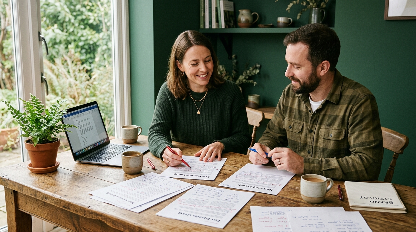 A marketing lead and an editor sit at a wooden table reviewing printed article drafts with handwritten notes, a laptop open beside a small potted plant in soft natural light