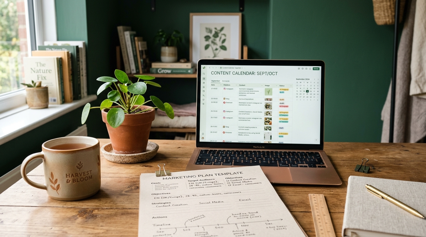 A bright, calm workspace with a printed marketing plan template, a laptop showing a content calendar, a ceramic mug, and a small green plant beside it