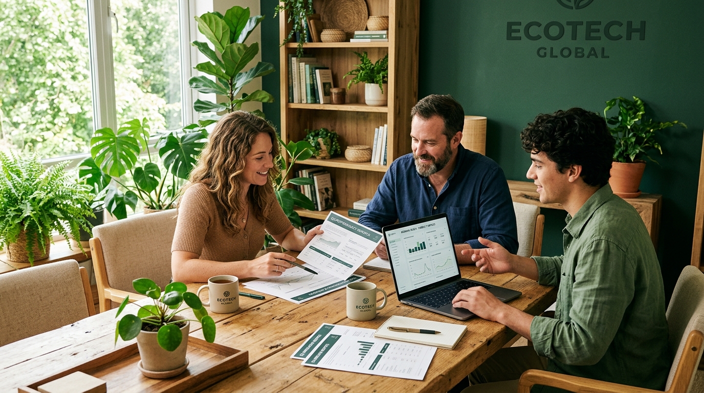 Three colleagues around a sunlit table reviewing printed visibility reports and a laptop, with plants and natural wood tones in the background
