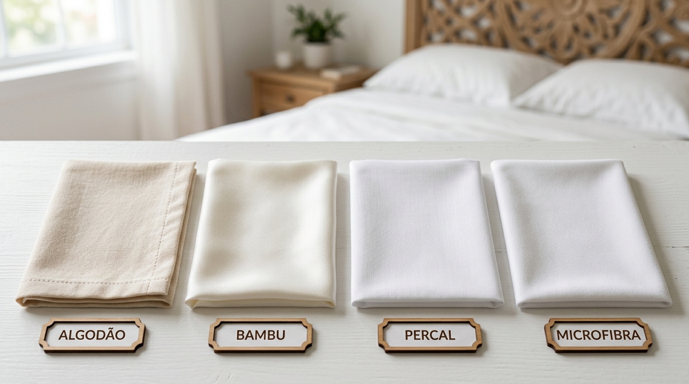 Composição visual mostrando amostras dos diferentes materiais de capas para colchão — algodão, bambu, percal e microfibra — dispostas lado a lado sobre uma superfície branca