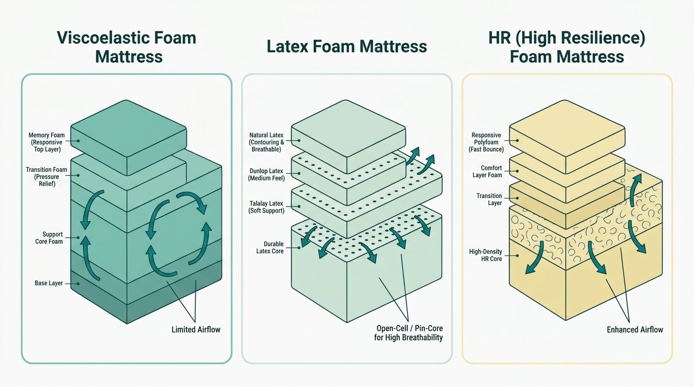 Flat vector cross-section comparison diagram showing three mattress types side by side: viscoelastic (labeled layers in #78C2B2), latex (layers in #CCE3D4), and HR foam (layers in #F2E8B8), each with a small airflow indicator using #008282 arrows, on #F9F9F9 background, 16:9 landscape