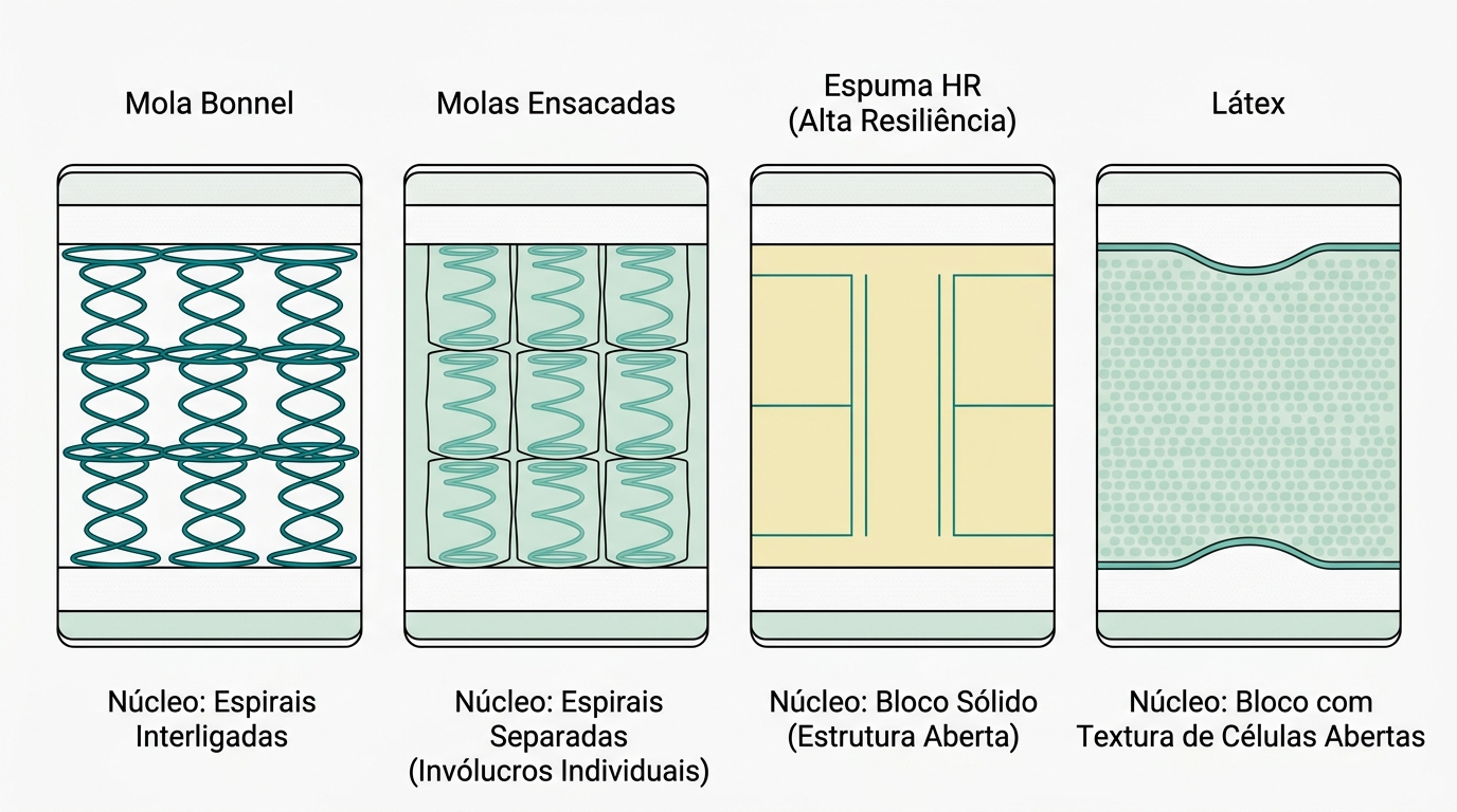 Diagrama técnico horizontal (16:9) mostrando quatro colchões em secção lateral lado a lado, cada um representando um tipo de núcleo diferente: mola Bonnel (espirais interligadas em #008282), molas ensacadas (espirais separadas em #78C2B2 com invólucros em #CCE3D4), espuma HR (bloco sólido em #F2E8B8 com linhas de estrutura em #008282), e látex (bloco com textura de células abertas em #CCE3D4 com contorno em #78C2B2). Cada colchão tem a mesma proporção 6:1 largura-altura. Fundo #F9F9F9.