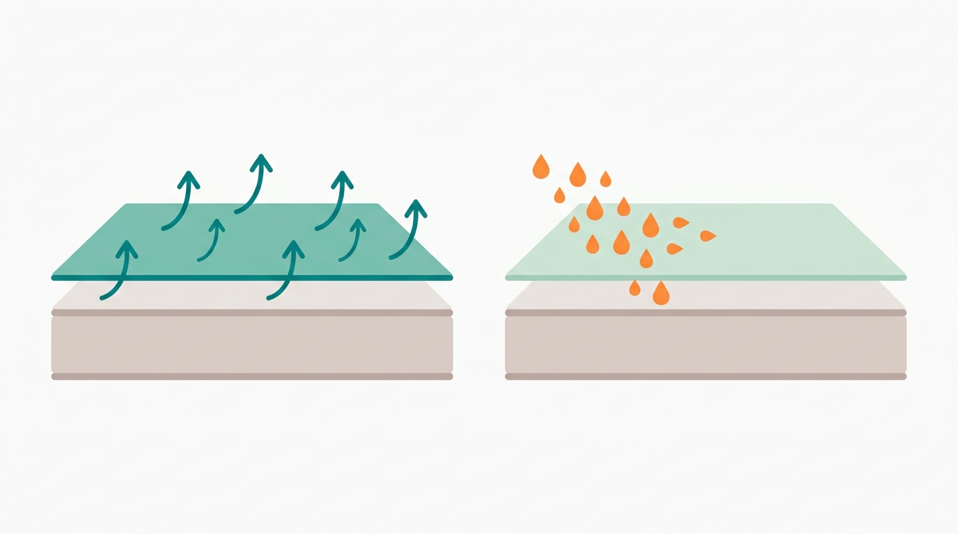 Flat vector diagram in landscape 16:9 showing two side-by-side cross sections of a mattress top surface. Left side shows a fabric layer in #78C2B2 (labeled zone only with color) with small upward-curving arrows in #008282 indicating air circulation. Right side shows a fabric layer in #CCE3D4 with small droplet shapes in #FF8A30 being absorbed and dispersed laterally across the fabric surface. Background #F9F9F9, clean whitespace, no text, no gradients.