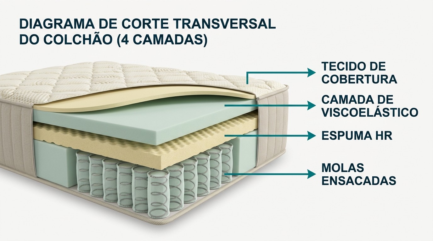 Diagrama de corte transversal a mostrar 4 camadas distintas de um colchão: molas ensacadas na base, espuma HR, camada de viscoelástico e tecido de cobertura, com etiquetas em setas #008282 sobre fundo #F9F9F9, camadas preenchidas alternadamente com #F2E8B8 e #CCE3D4