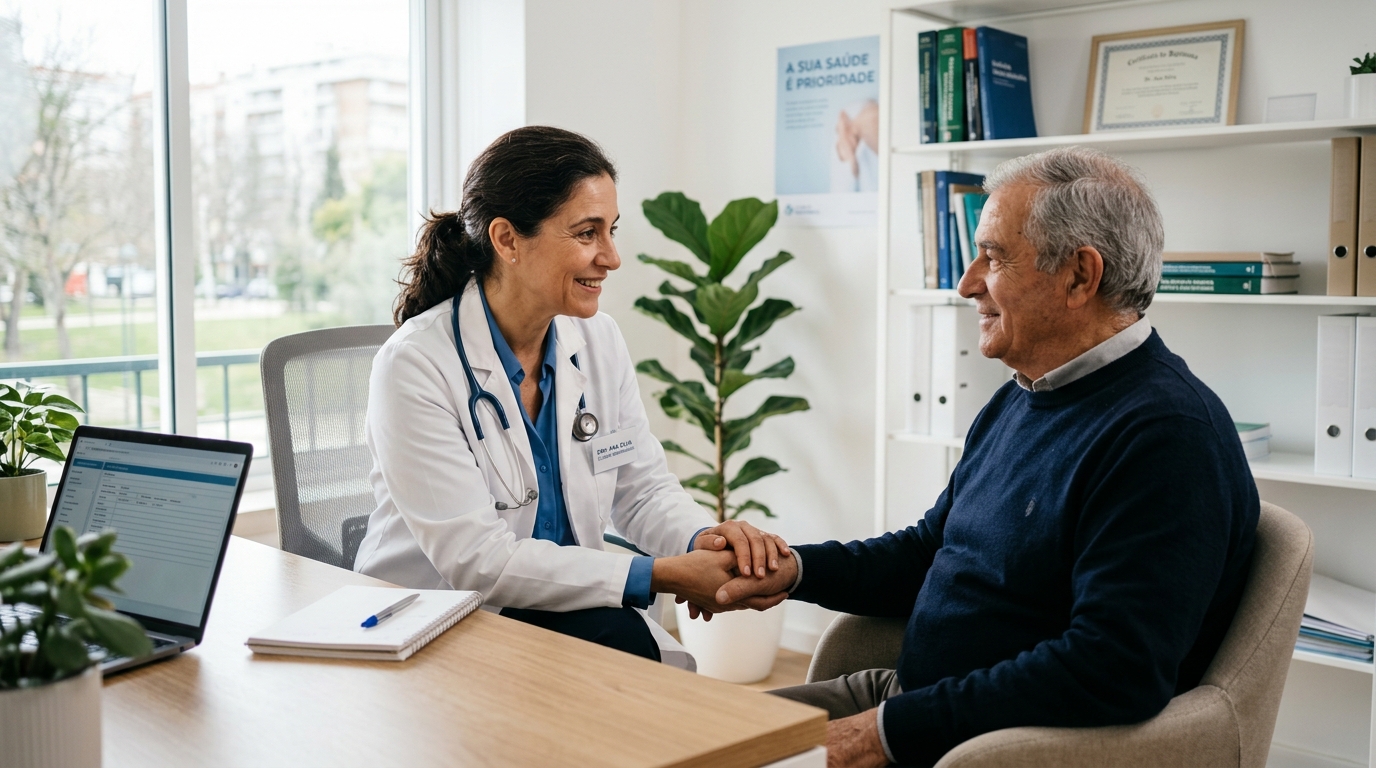 Fotografia de uma médica de bata branca a conversar de forma empática com um paciente num consultório luminoso e moderno, transmitindo confiança, proximidade e profissionalismo
