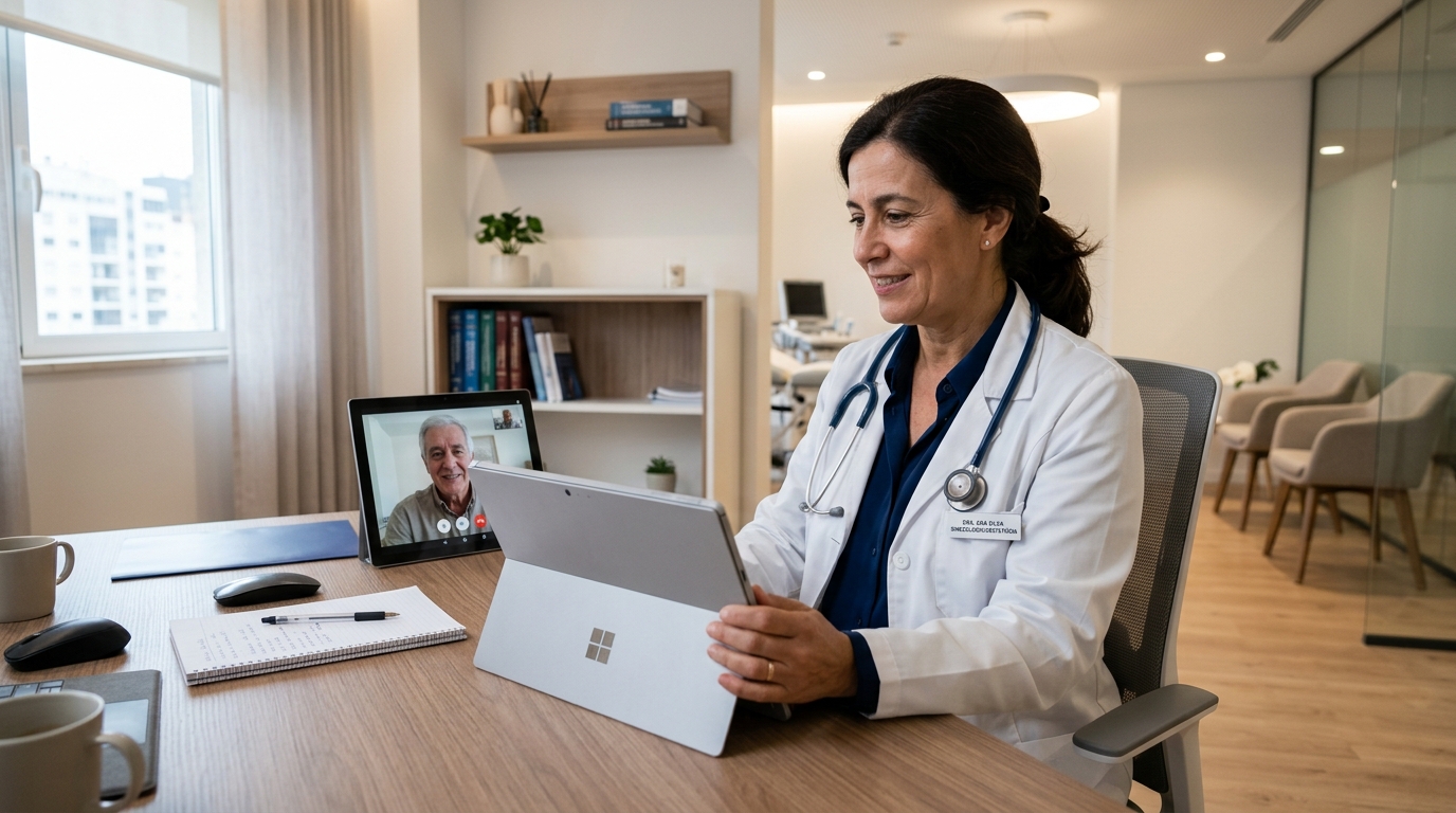 Fotografia de uma médica de jaleco branco a usar um tablet para comunicar com um paciente, ambiente de clínica moderno com iluminação suave e profissional
