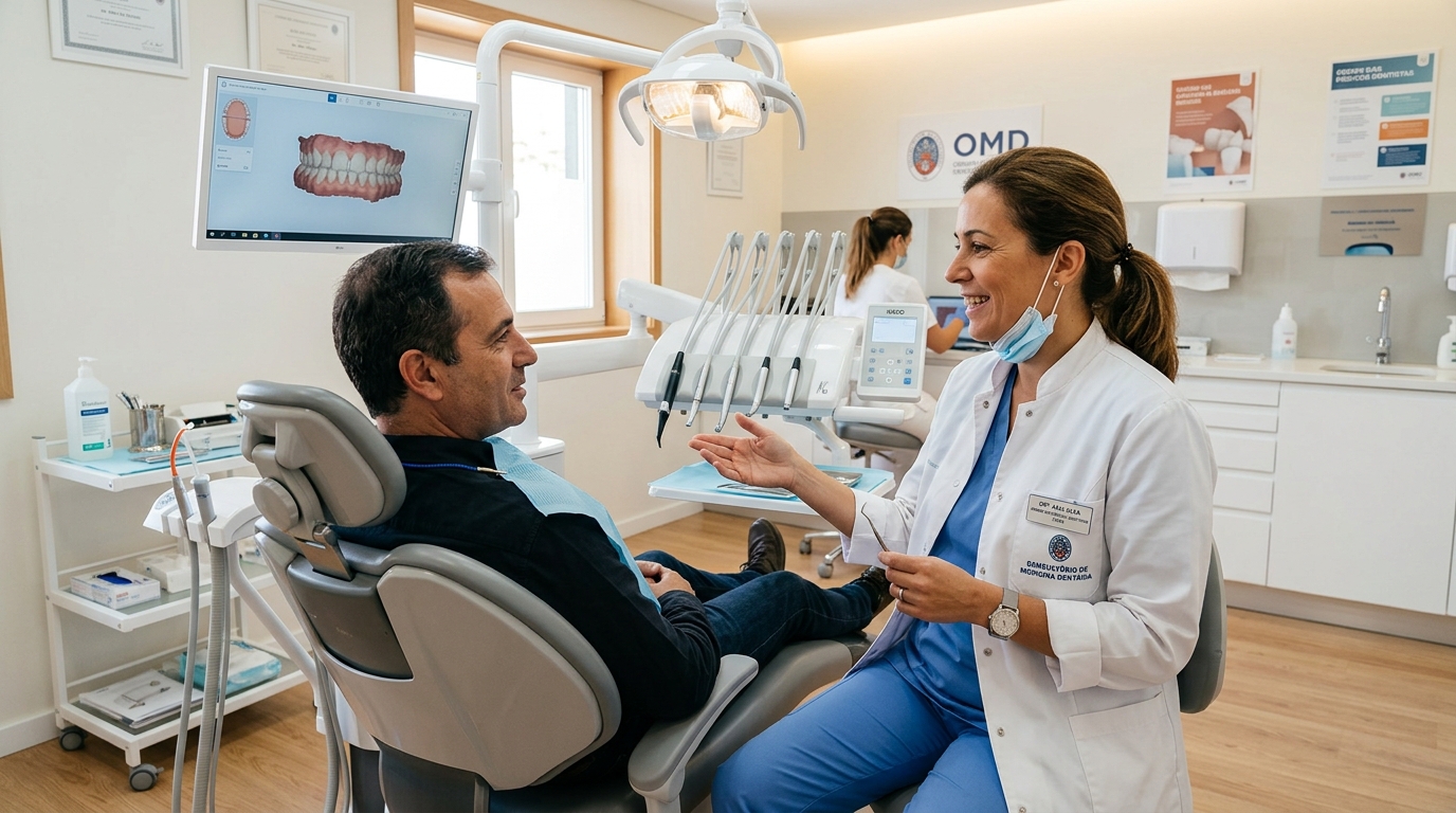 Fotografia de uma consulta dentária em Portugal, médica dentista com bata branca a explicar algo ao paciente sentado na cadeira, ambiente clínico luminoso e organizado, tom profissional e tranquilizador