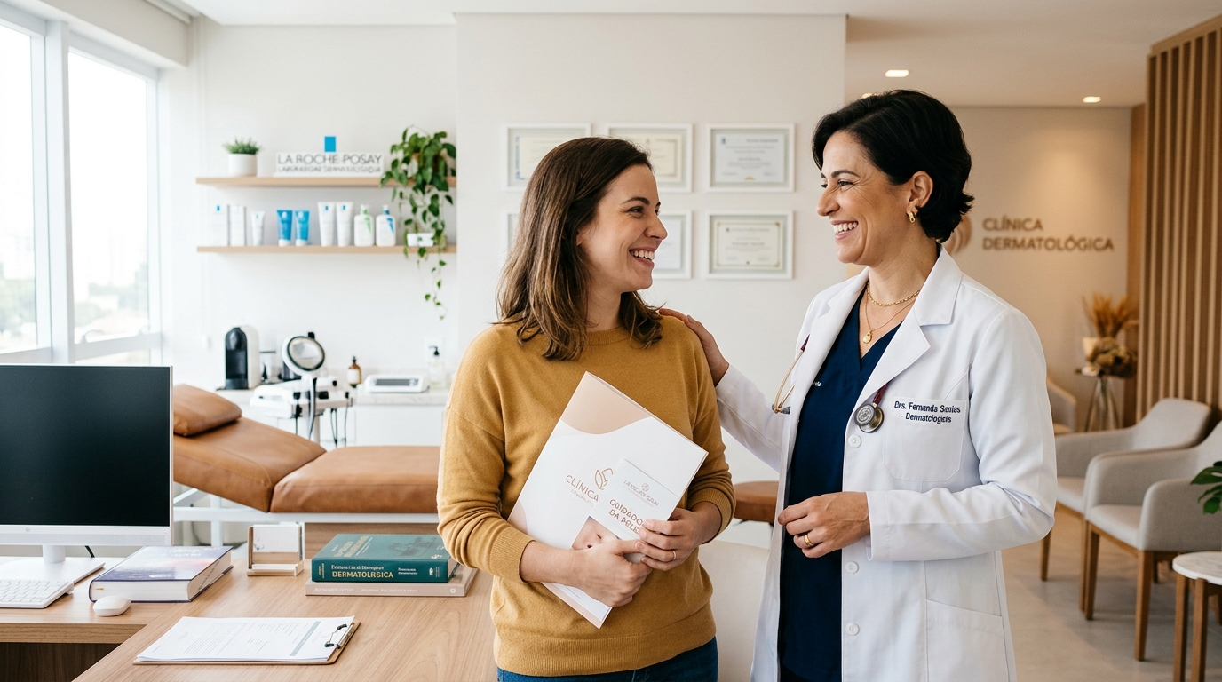 Fotografia de uma médica dermatologista a sorrir com uma paciente após consulta, numa clínica moderna e iluminada, transmitindo confiança e cuidado profissional