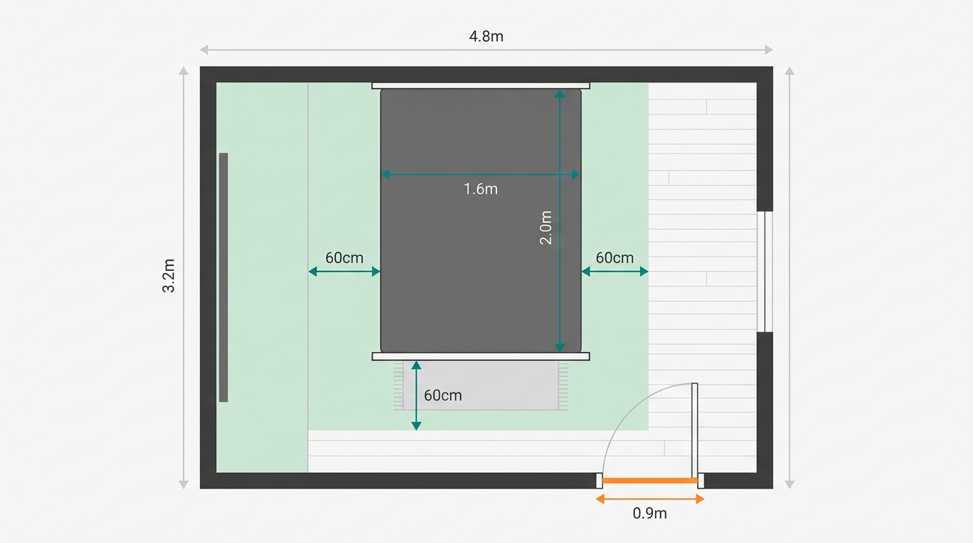 Flat vector top-down floor plan diagram showing a bedroom layout with a bed rectangle centered, mattress shown as a flat rectangle with dimensions indicated by thin #008282 arrows, surrounding clearance zones filled in #CCE3D4 pale mint showing the recommended 60cm space around the bed, doorway marked with a #FF8A30 orange line indicating passage width, off-white background, no text, no measurements visible, minimalist flat vector style