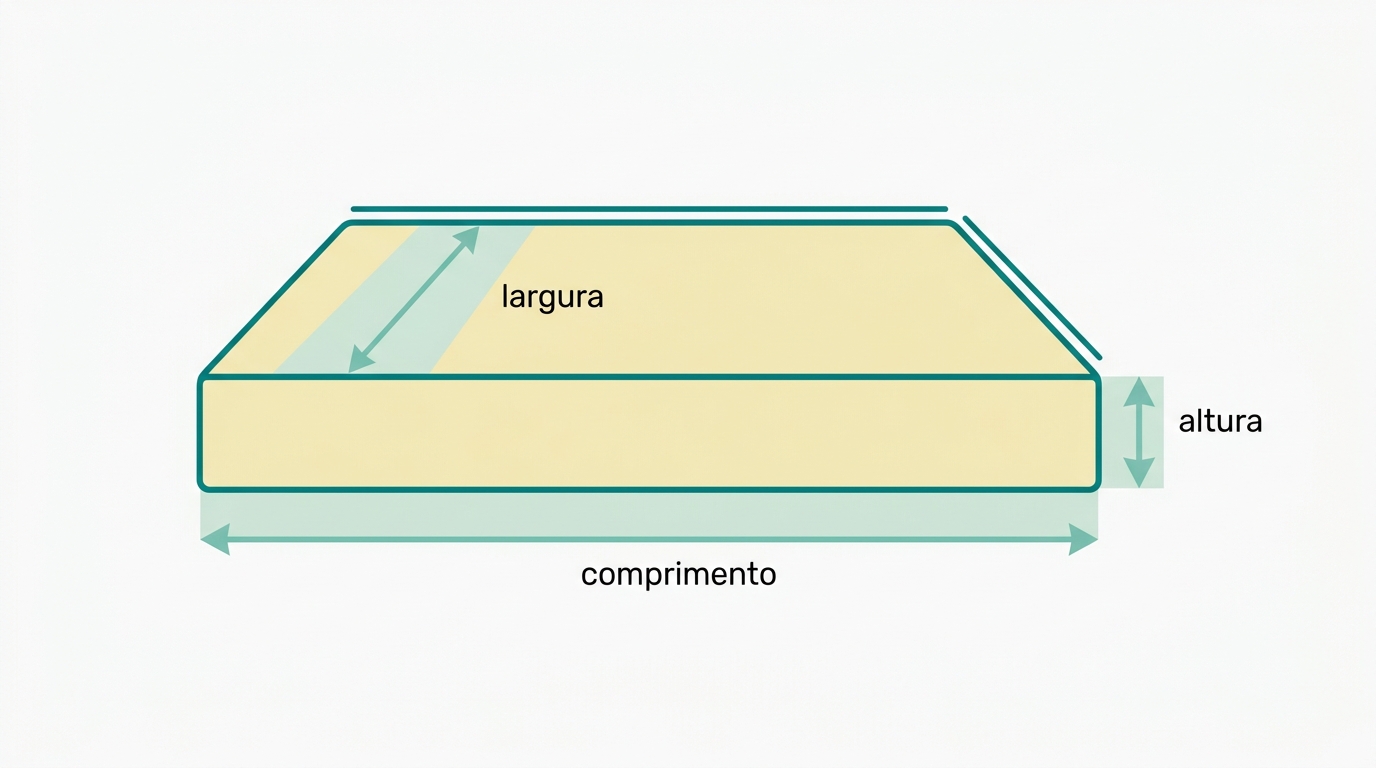 Flat vector diagram showing a cross-section side view of a double mattress rectangle with three measurement arrows: one horizontal for width (largura), one horizontal for length (comprimento), and one vertical for height (altura). The mattress is drawn as a clean rectangle in #008282 outline with #F2E8B8 fill, arrows in #78C2B2, and measurement zones highlighted in #CCE3D4. Background is #F9F9F9 with generous white space.