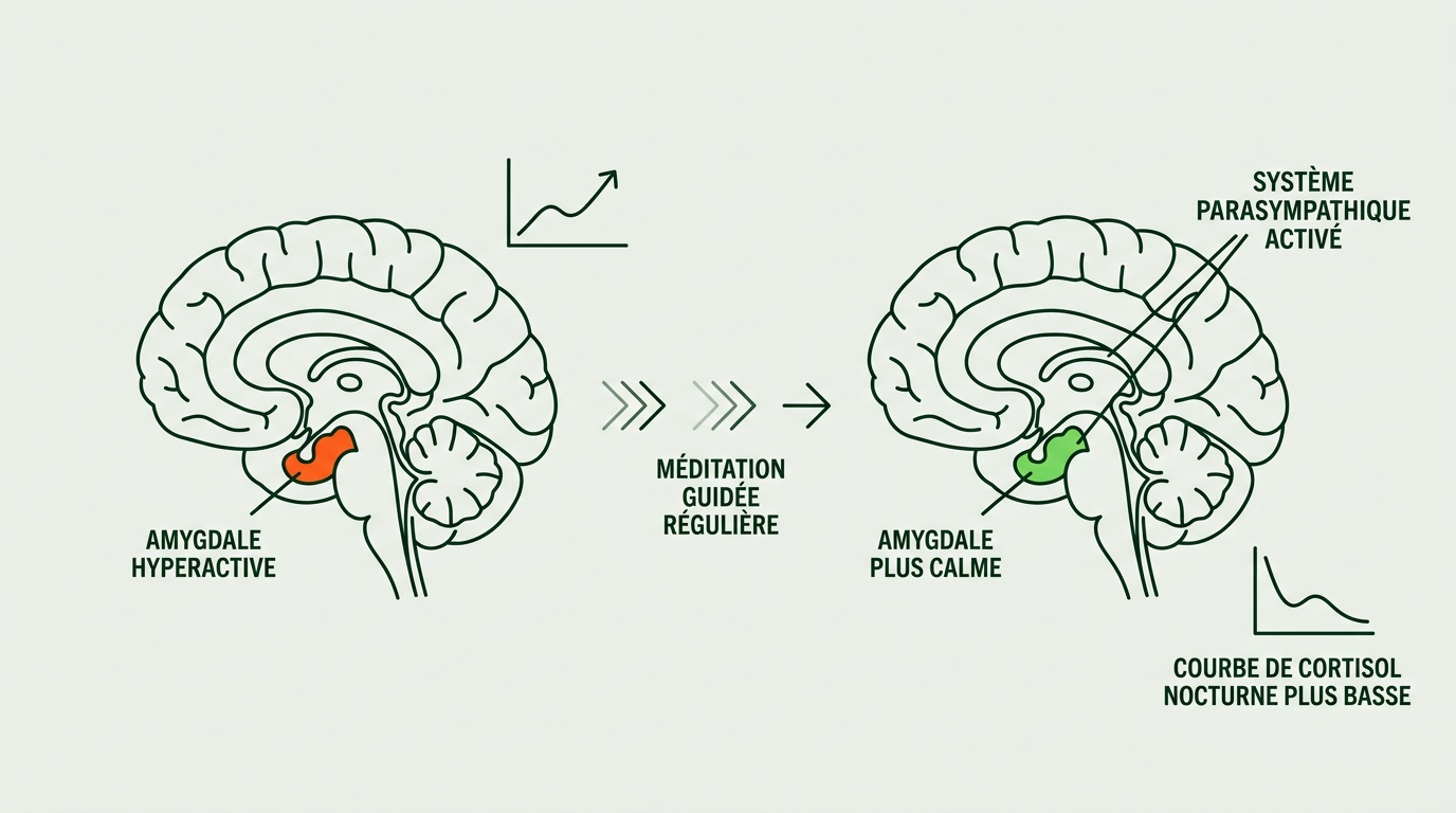 Schéma scientifique horizontal montrant le mécanisme d'action de la méditation guidée sur le cerveau et le cortisol. À gauche : cerveau stylisé avec amygdale hyperactive (colorée en #FE581B). À droite : après méditation régulière, amygdale plus calme (#76DB5D), système parasympathique activé, courbe de cortisol nocturne plus basse. Flèches de transition simples, labels courts en IBM Plex Sans Condensed, fond #EBEFE8, lignes #002B14.