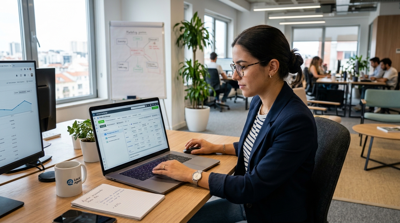 Fotografia de uma profissional de marketing a trabalhar no computador com o painel do Meta Ads visível no ecrã, ambiente de escritório moderno e profissional