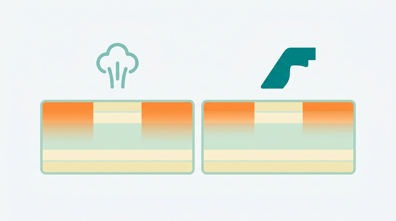 Flat vector side-view diagram showing two adjacent simplified mattress cross-sections (6:1 ratio rectangles, layers in #F2E8B8 and #CCE3D4). Above the left mattress, a steam emission shape in #78C2B2 suggesting vapor. Above the right mattress, a nozzle/extraction device shape in #008282. Both mattresses show orange #FF8A30 zones in upper layers fading toward clean #CCE3D4 in lower layers, representing the cleaning process. Background #F9F9F9. No text, no faces, no bedroom context.