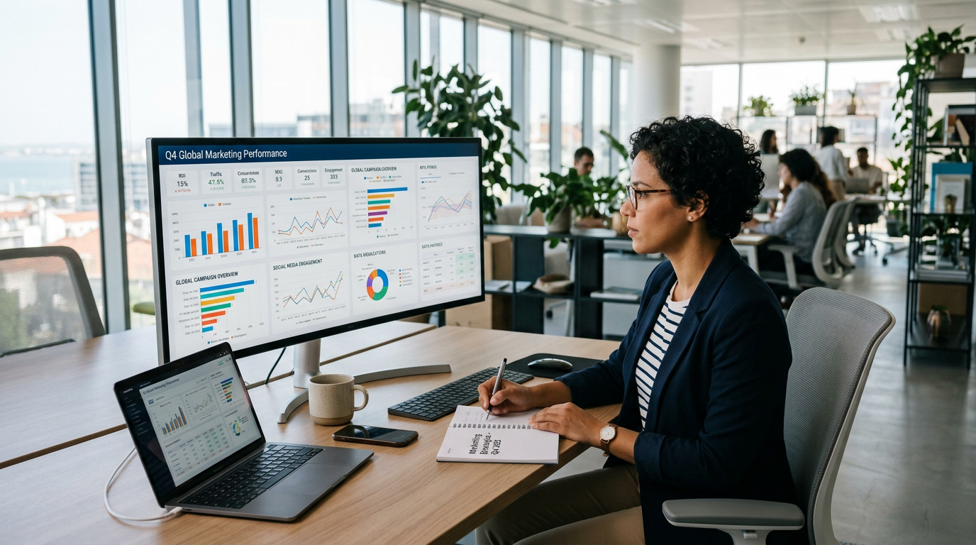 Fotografia de um profissional de marketing a analisar dashboards e gráficos de desempenho num monitor de grande dimensão, num ambiente de escritório moderno com luz natural