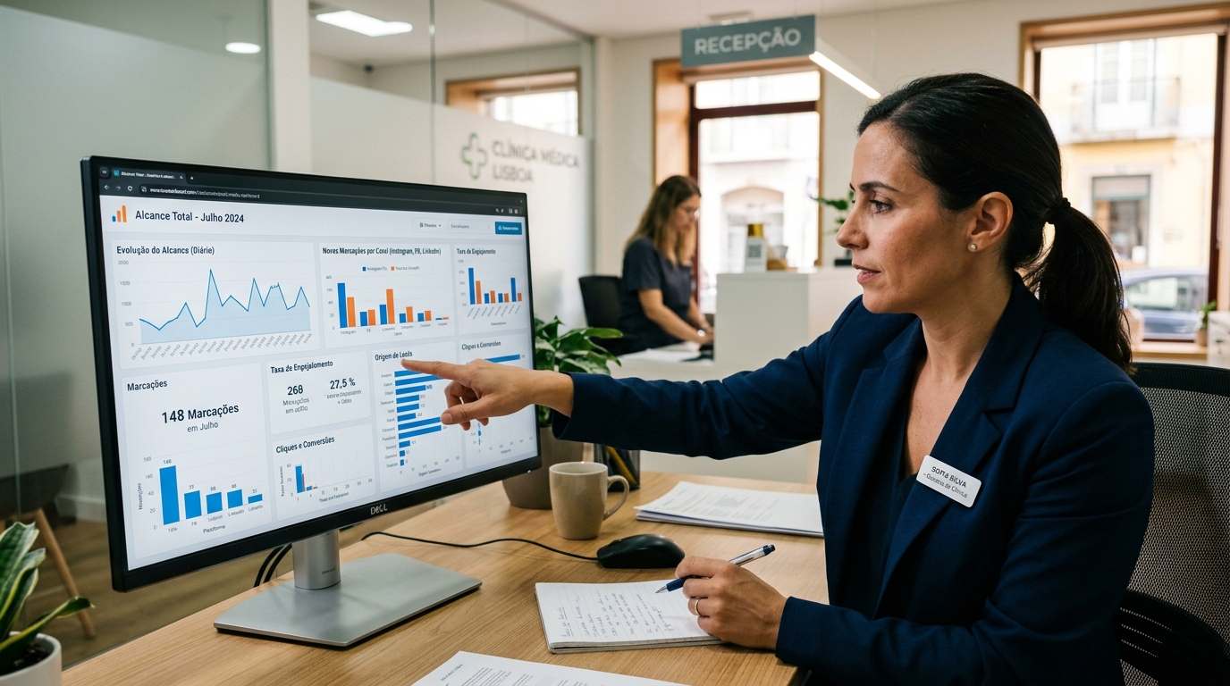 Gestora de clínica a analisar num monitor um painel de estatísticas de redes sociais com gráficos de alcance e marcações