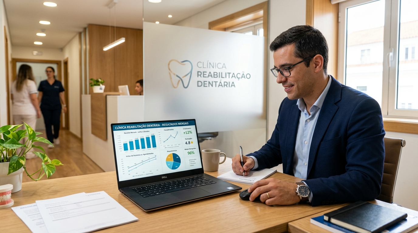 Fotografia de um gestor de clínica dentária a analisar resultados num computador portátil, com gráficos de desempenho visíveis no ecrã, num espaço de trabalho organizado e profissional