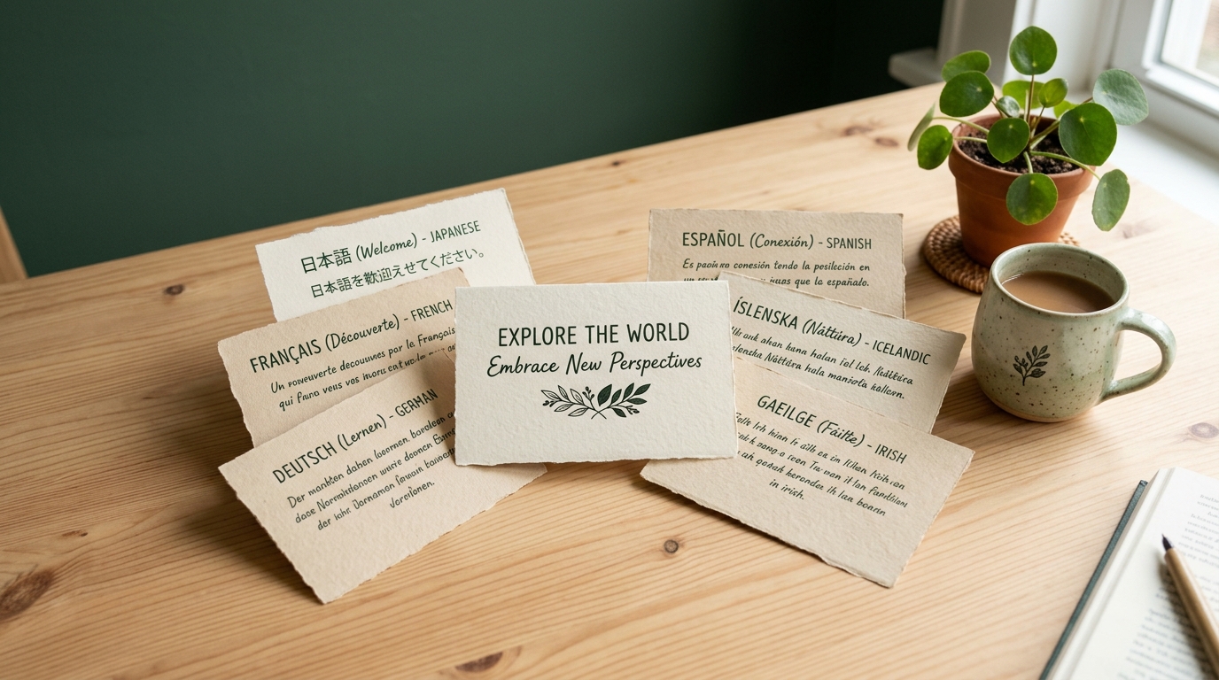 Neatly arranged paper cards in several languages fanning out from one central sheet on a light wooden desk, with a ceramic mug and a small green plant beside them