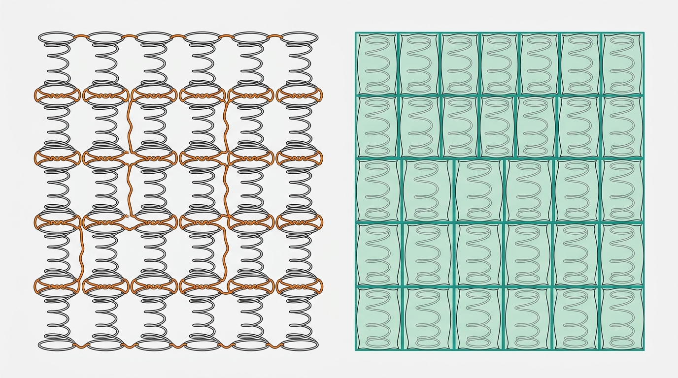 Diagrama plano comparativo de dois sistemas de molas: à esquerda, molas interligadas (bonnel) com linhas de conexão entre elas em #FF8A30; à direita, molas ensacadas individualmente em #CCE3D4 com separação visível entre cada bolso em #78C2B2. Fundo #F9F9F9, composição simétrica sem texto.