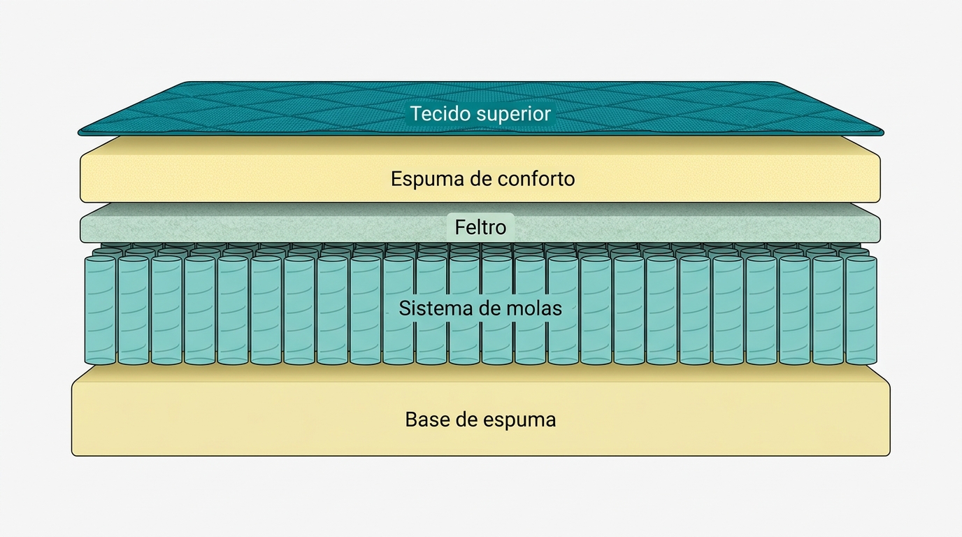 Diagrama em corte lateral de um colchão mostrando a sequência de montagem de 4 a 5 camadas horizontais empilhadas: base de espuma em #F2E8B8, sistema de molas representado como retângulos verticais repetidos em #78C2B2, feltro em #CCE3D4, espuma de conforto em #F2E8B8, tecido superior em #008282. Composição centrada, sem texto, fundo #F9F9F9.