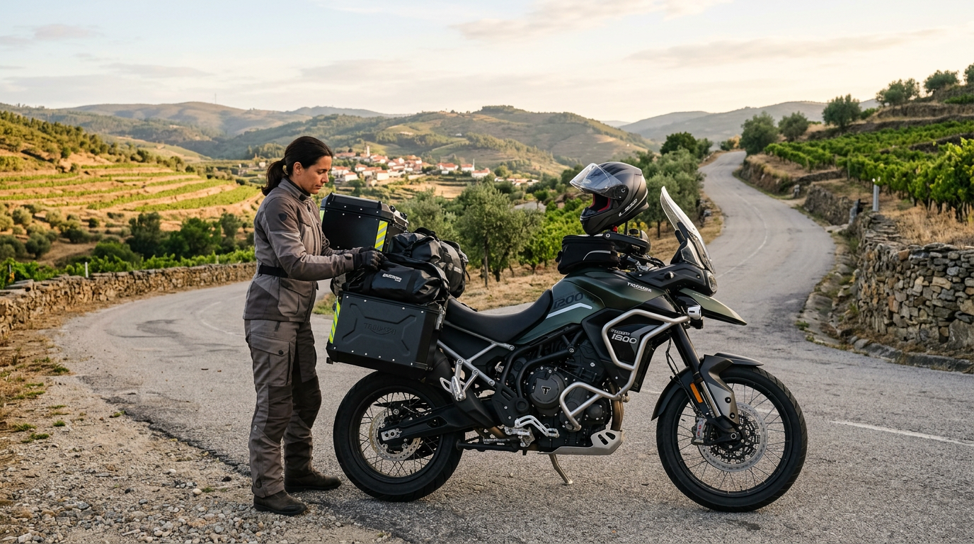Vista lateral de uma moto de touring equipada com baús laterais e top case a ser carregada por um motociclista, numa estrada rural portuguesa com luz de manhã