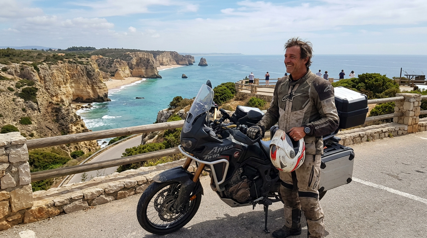 Fotografia de um motociclista a parar a mota junto a um miradouro com vista para a costa portuguesa, capacete na mão, expressão de satisfação após uma longa viagem