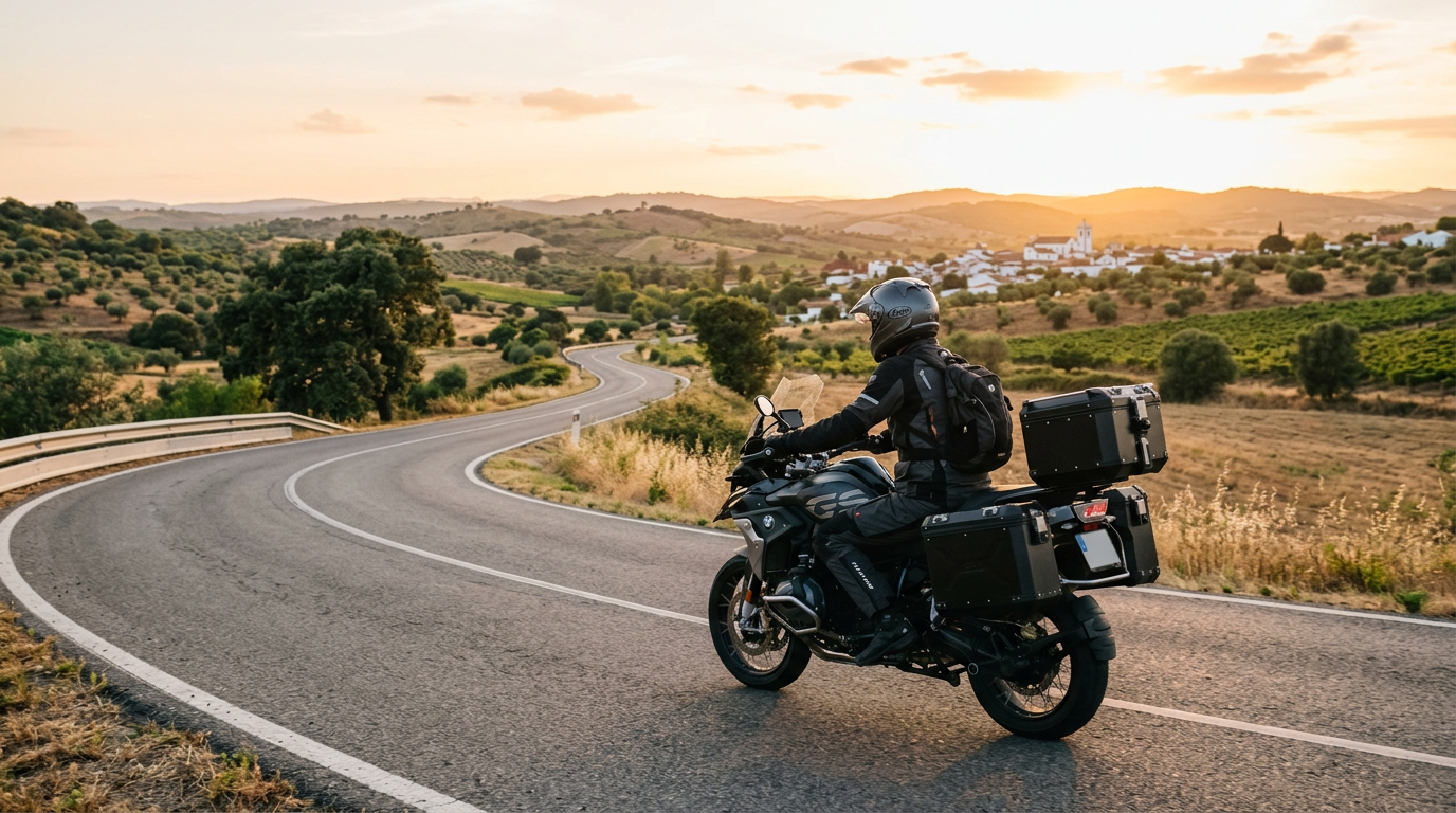Fotografia realista de um motociclista equipado com bagageira traseira e fato de proteção a percorrer uma estrada nacional portuguesa com paisagem rural ao fundo, luz de fim de tarde