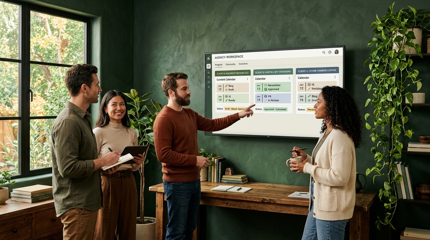 A marketing team gathered around a large monitor showing separate client workspaces with content calendars and approval statuses, natural light from a window and a trailing plant nearby