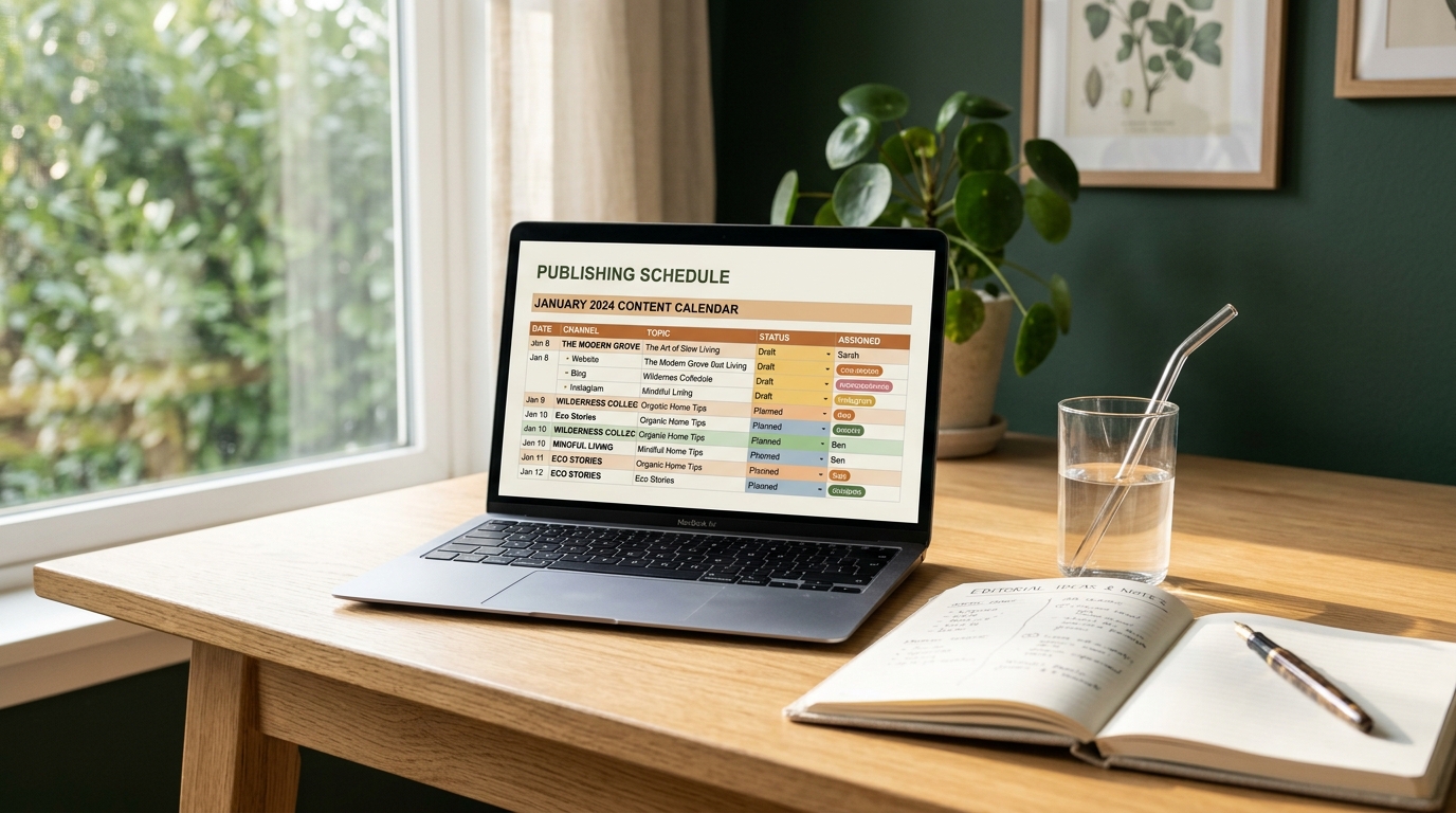 A laptop on a light wooden desk showing a publishing schedule with several website channels, next to a notebook and a glass of water, soft morning light