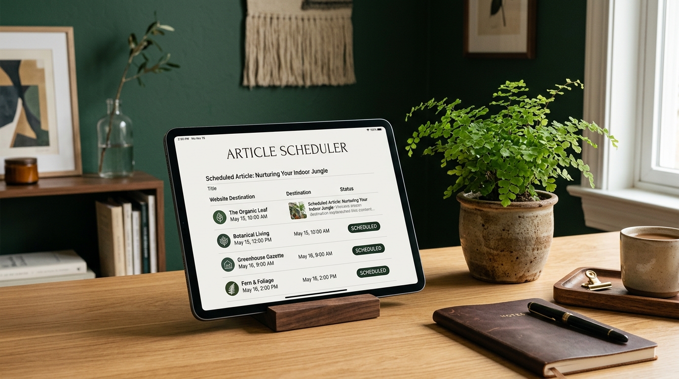 A tidy desk with a tablet showing one article being scheduled to several website destinations, beside a small potted fern