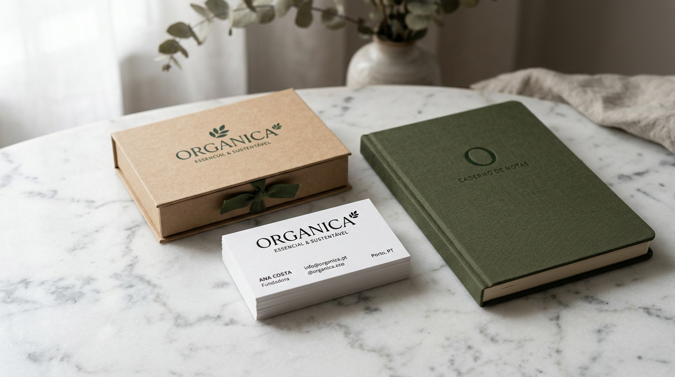 Fotografia de materiais de identidade visual minimalista — cartão de visita branco com tipografia em preto e um toque de cor verde-escuro, uma embalagem simples em papel kraft, e um caderno de capa lisa. Dispostos sobre uma superfície de mármore branco com luz suave e sombras subtis. Estética clean e elegante.
