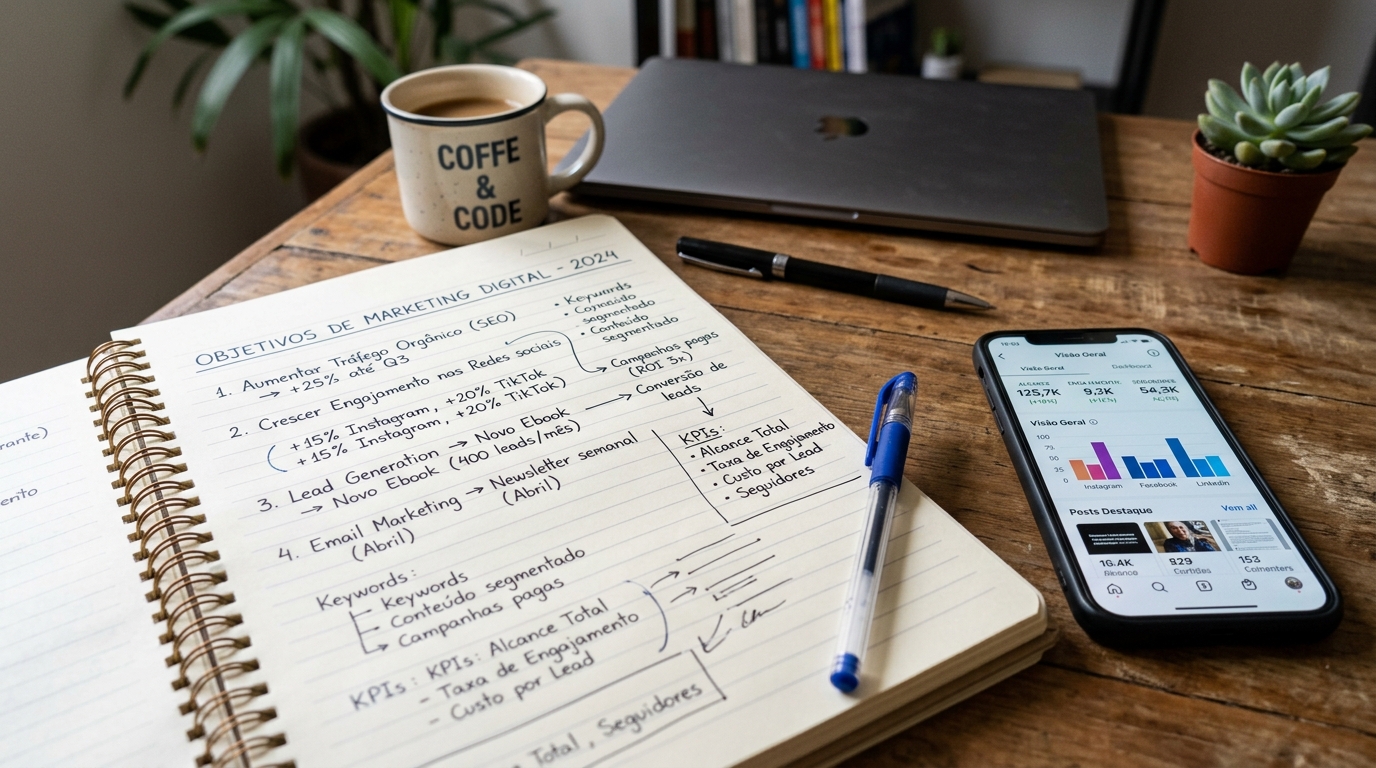 Fotografia de um caderno aberto sobre uma mesa com anotações manuscritas de objetivos de marketing digital, ao lado de um telemóvel com o ecrã a mostrar estatísticas de redes sociais