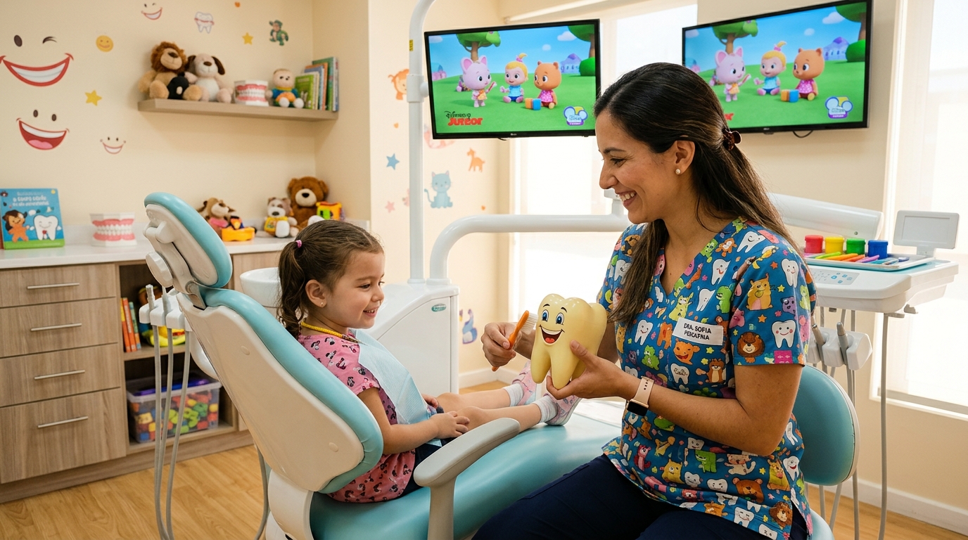 Dentista pediátrica sorridente, de bata colorida, a mostrar um modelo de dente a uma criança pequena sentada na cadeira odontológica com televisão ao fundo, num ambiente claro e acolhedor