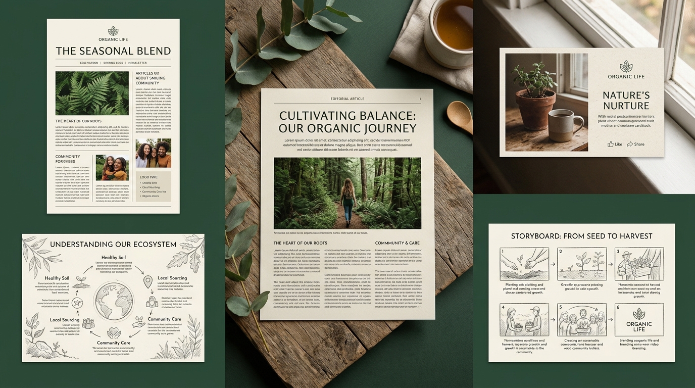 A single printed article at the center of a table surrounded by a newsletter mockup, a social post card, a short video storyboard, and an infographic sketch, with warm natural light