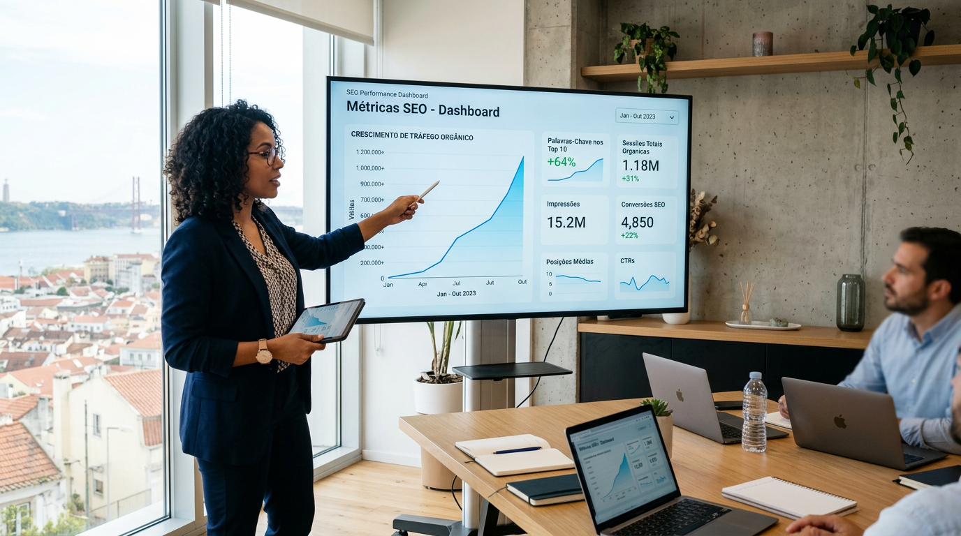 Fotografia de um profissional de marketing digital a analisar um painel de métricas SEO num ecrã grande, com gráficos de crescimento de tráfego orgânico, numa sala de reuniões moderna com luz natural em Lisboa